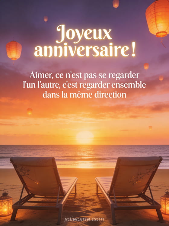 Deux chaises longues face a un coucher de soleil sur la mer avec plage de sable dore et lanternes flottantes dans le ciel