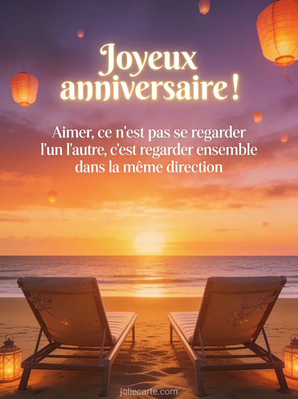 Deux chaises longues face a un coucher de soleil sur la mer avec plage de sable dore et lanternes flottantes dans le ciel