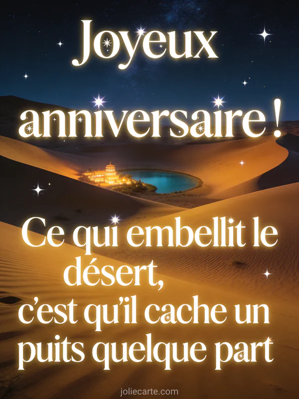 Ciel nocturne étoilé au-dessus de dunes de sable dorées avec une oasis illuminée au loin et texte Joyeux anniversaire en lettres blanches