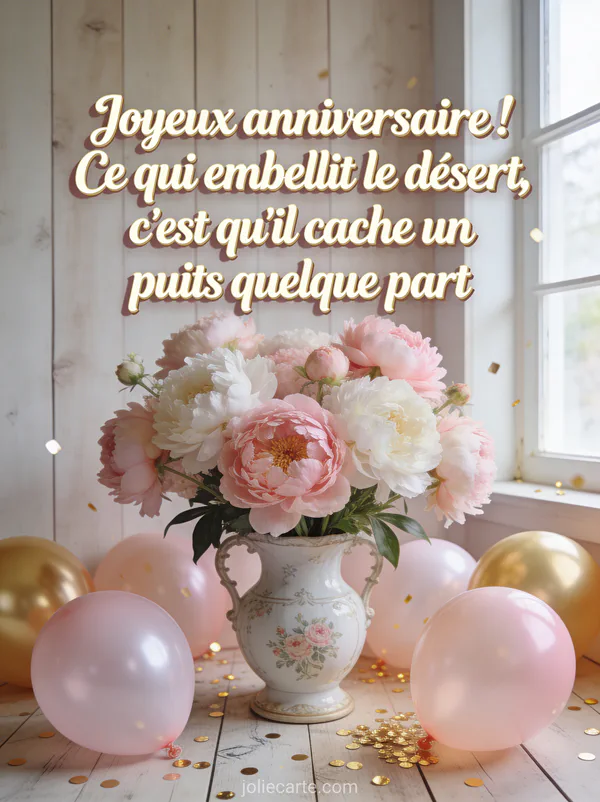 Arrangement floral de pivoines roses et blanches dans un vase vintage sur fond de bois clair avec ballons pastel et paillettes dorees