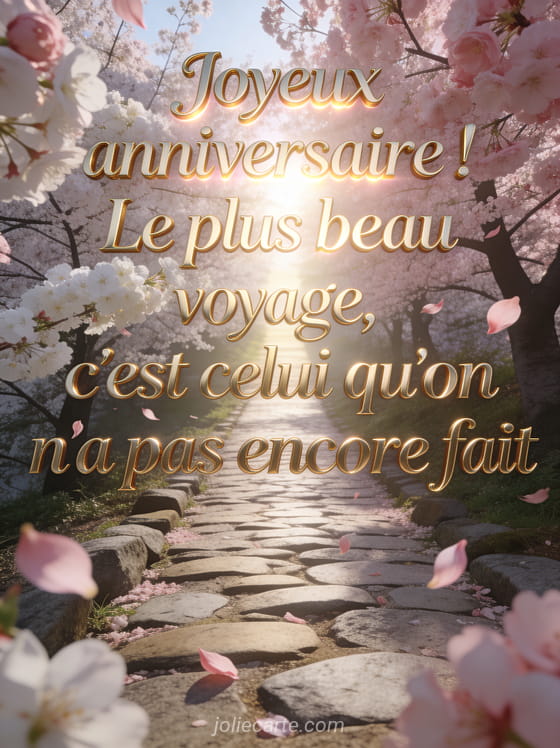 Chemin bordé de cerisiers en fleurs menant vers un horizon lumineux avec pétales roses dans la brise et texte Joyeux anniversaire en lettres dorées