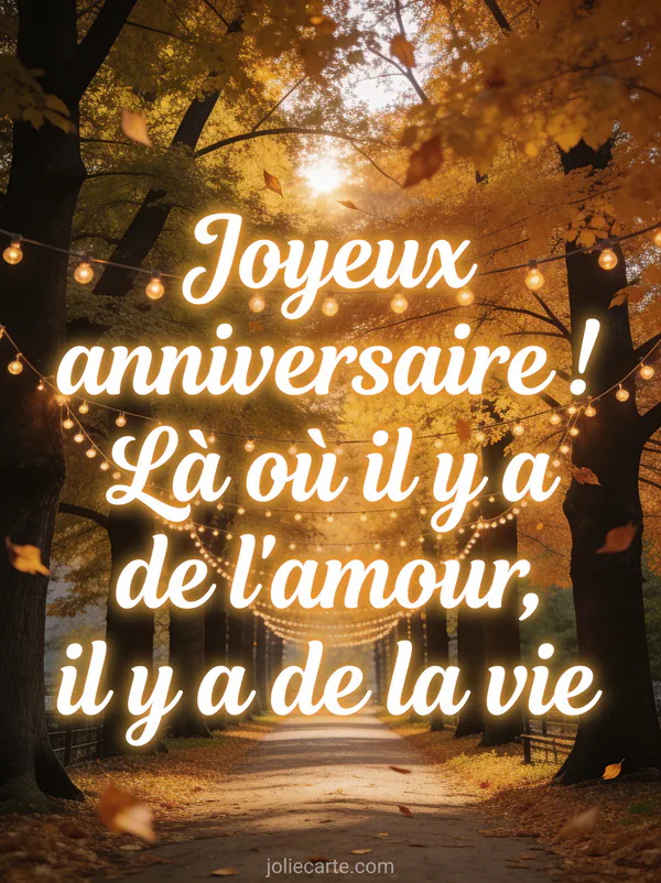 Allee bordee de grands arbres au feuillage dore en automne avec lumiere du soleil filtrant entre les branches et guirlandes lumineuses