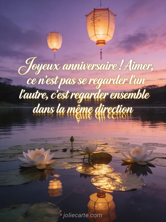 Deux lanternes chinoises lumineuses flottant dans un ciel crépusculaire violet et rose avec reflets sur un lac calme et nénuphars