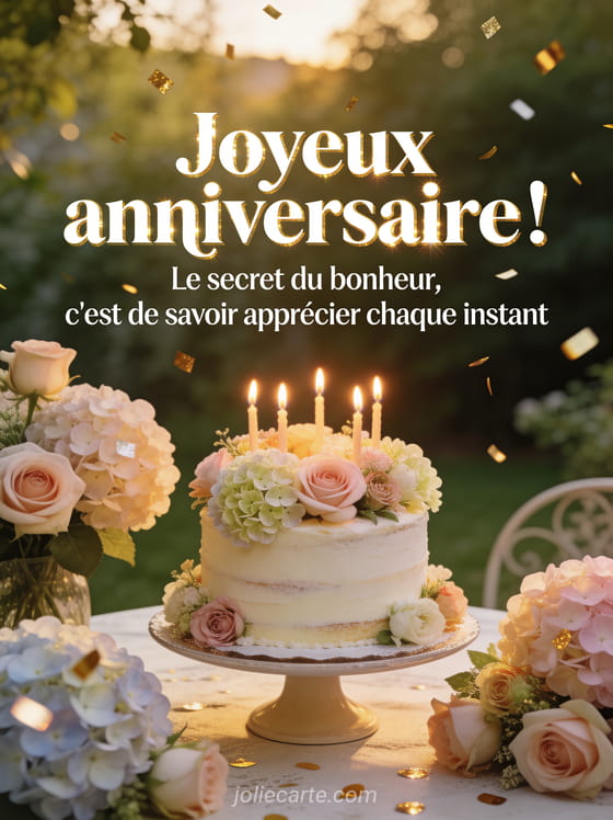 Gateau d'anniversaire decore de fleurs fraiches et bougies allumees sur une table de jardin entouree de roses et hortensias