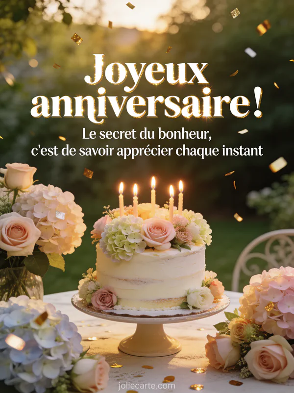 Gateau d'anniversaire decore de fleurs fraiches et bougies allumees sur une table de jardin entouree de roses et hortensias
