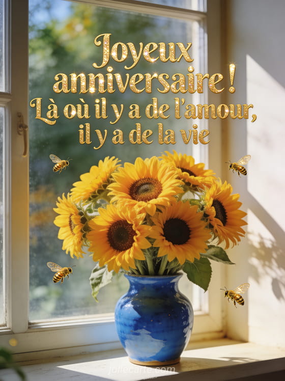 Bouquet de tournesols dans un vase en céramique bleue sur un rebord de fenêtre ensoleillé avec abeilles dorées et texte Joyeux anniversaire