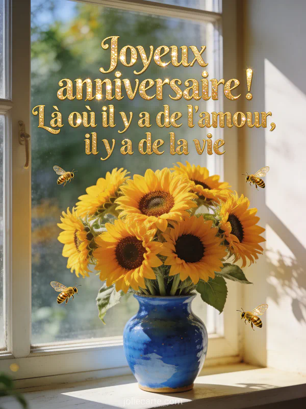 Bouquet de tournesols dans un vase en céramique bleue sur un rebord de fenêtre ensoleillé avec abeilles dorées et texte Joyeux anniversaire