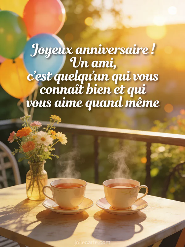 Deux tasses de the fumantes posees cote a cote sur une table de terrasse avec fleurs sauvages et ballons colores en arriere-plan