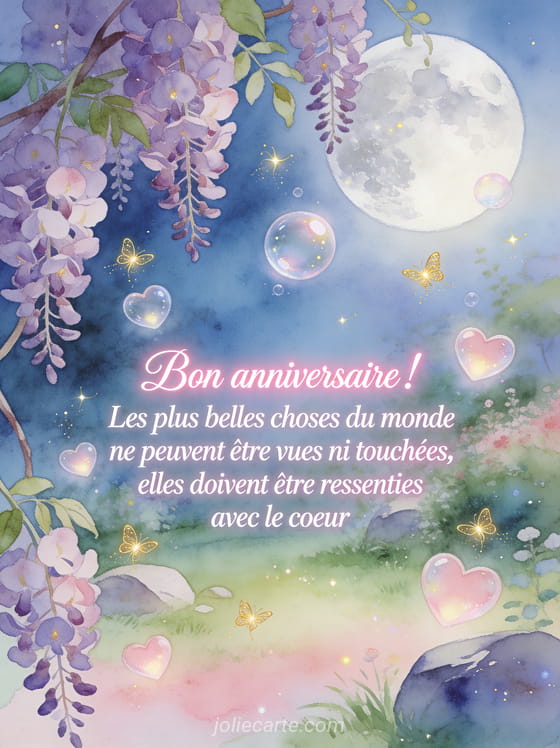 Cœurs lumineux flottant comme des bulles dans un jardin enchanté au clair de lune avec lucioles dorées et glycine violette, style aquarelle