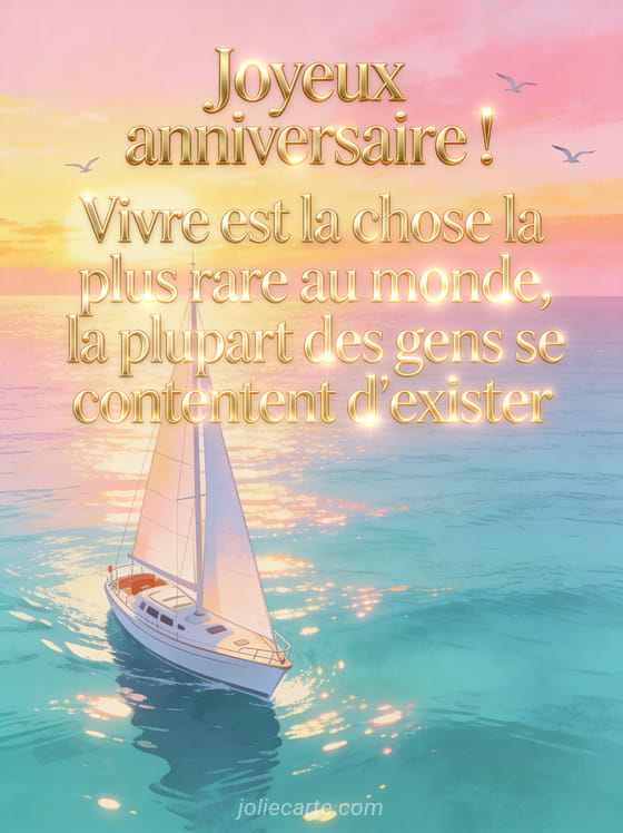 Voilier blanc naviguant sur une mer turquoise au coucher du soleil avec ciel aux teintes rosees et oiseaux en vol