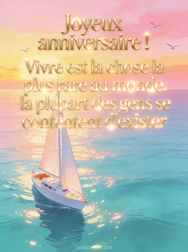 Voilier blanc naviguant sur une mer turquoise au coucher du soleil avec ciel aux teintes rosees et oiseaux en vol