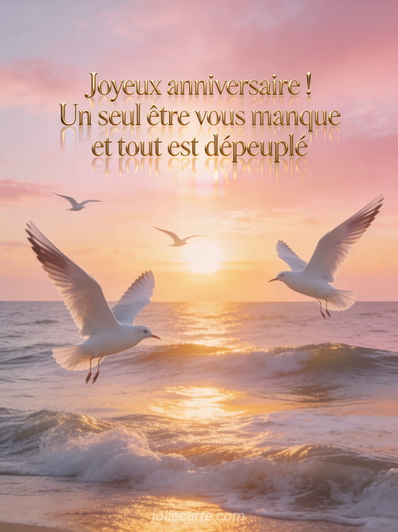 Lever de soleil sur la mer avec des tons rose et or, oiseaux blancs s'envolant au-dessus des vagues et texte Joyeux anniversaire en lettres dorées
