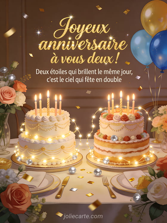 Deux gateaux d'anniversaire decores cote a cote avec bougies allumees, guirlandes lumineuses, confettis et ballons en duo