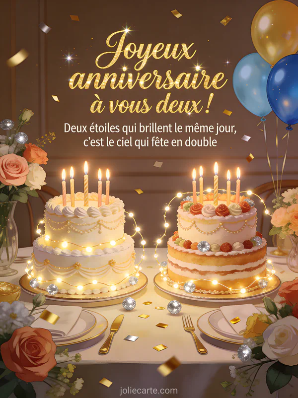 Deux gateaux d'anniversaire decores cote a cote avec bougies allumees, guirlandes lumineuses, confettis et ballons en duo