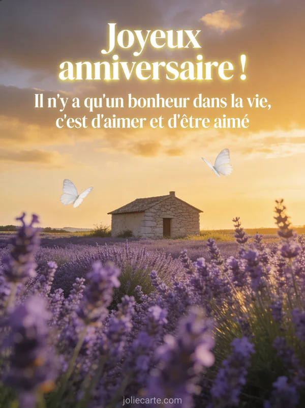 Champ de lavande violet sous un ciel doré de fin de journée avec un petit cottage en pierre et des papillons blancs, style provençal