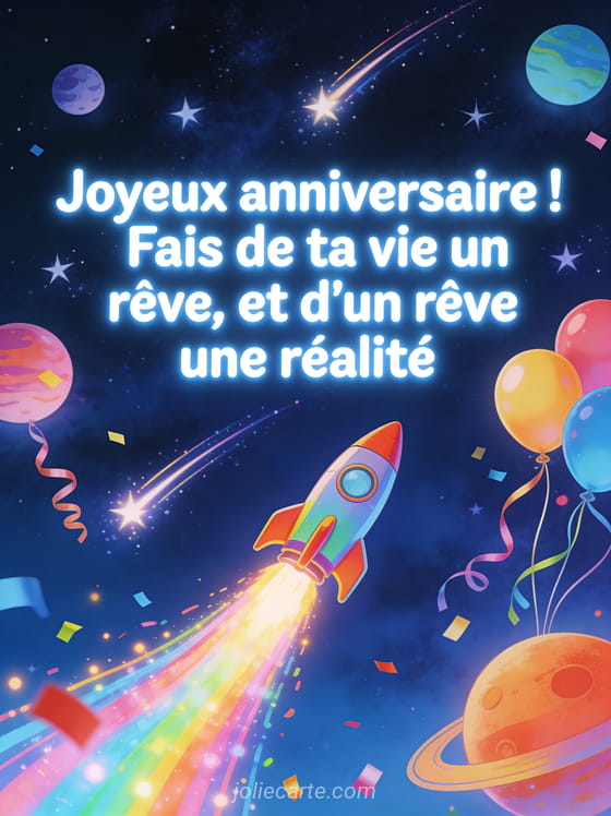 Fusee coloree decollant dans un ciel etoile avec trainees de lumiere multicolores, etoiles filantes et ballons qui s'envolent