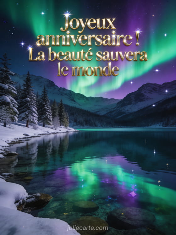 Aurore boréale verte et violette au-dessus d'un lac de montagne avec reflets sur l'eau, sapins enneigés et étoiles brillantes