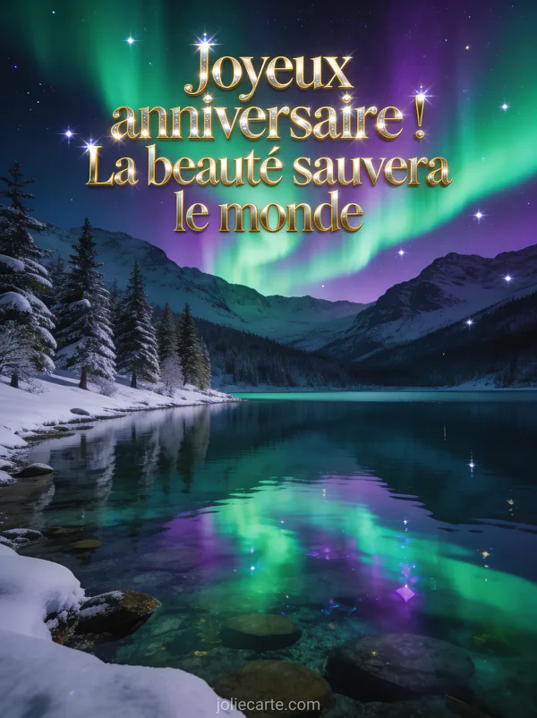 Aurore boréale verte et violette au-dessus d'un lac de montagne avec reflets sur l'eau, sapins enneigés et étoiles brillantes