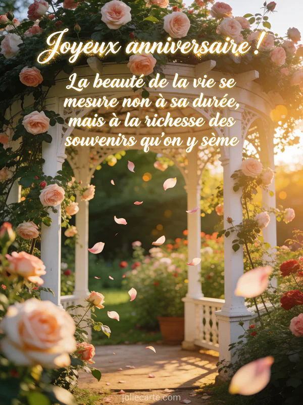 Jardin de roses anciennes en pleine floraison avec tonnelle blanche recouverte de roses grimpantes et lumiere doree de fin de journee