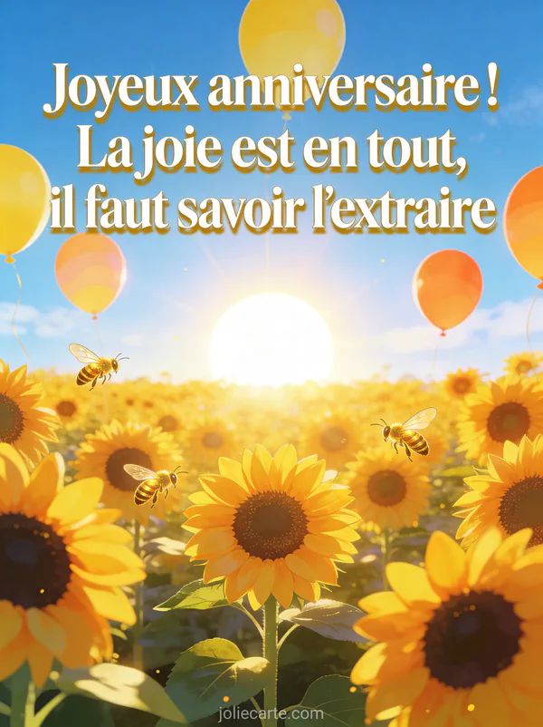 Champ de tournesols lumineux sous un ciel bleu avec soleil brillant, abeilles dorees et ballons jaunes flottant au-dessus