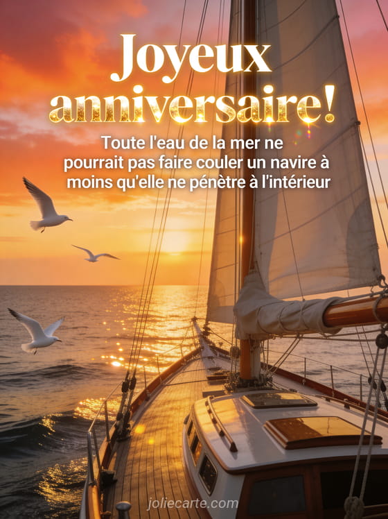 Voilier élégant naviguant sur une mer calme au coucher du soleil avec ciel embrasé orange et rose, mouettes blanches et reflets dorés