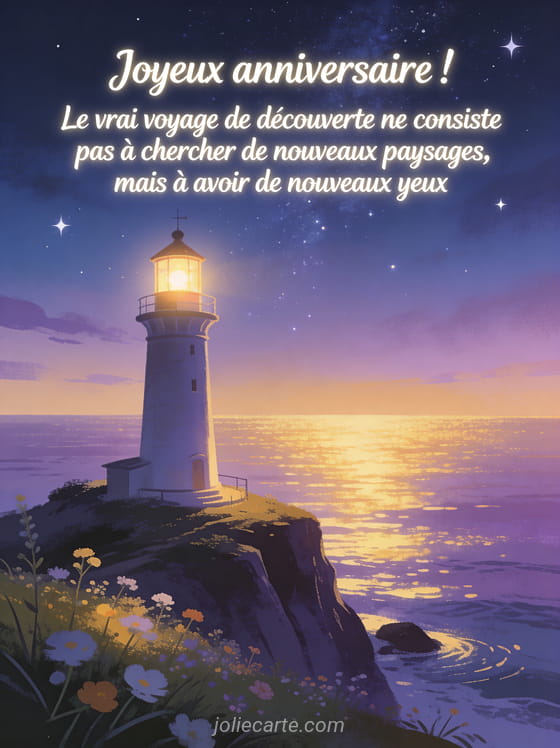 Phare allume sur une falaise au crepuscule avec mer calme aux reflets dores et violets et ciel etoile naissant