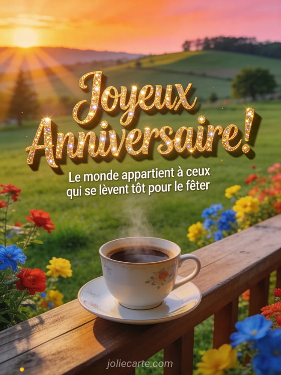 Tasse de café fumante sur une terrasse avec vue sur un paysage verdoyant au lever du soleil, rayons dorés et fleurs colorées
