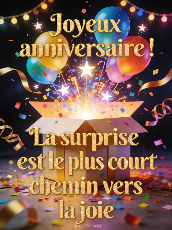 Boite cadeau geante ouverte d'ou jaillissent des confettis multicolores, etoiles lumineuses et ballons colores avec rubans dores