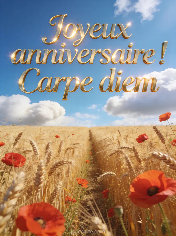 Champ de blé doré sous un grand ciel bleu avec coquelicots rouges dispersés et lumière chaude estivale, texte Joyeux anniversaire Carpe diem