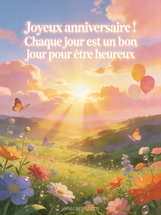 Lever de soleil spectaculaire sur une vallee verdoyante avec rayons dores, fleurs des champs colorees, papillons et ballons qui s'elevent