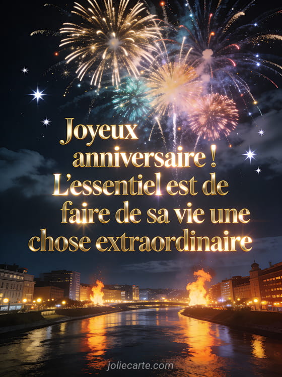 Feux d'artifice multicolores dans un ciel nocturne au-dessus d'une ville illuminée avec reflets sur une rivière et étoiles scintillantes