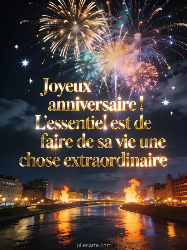 Feux d'artifice multicolores dans un ciel nocturne au-dessus d'une ville illuminée avec reflets sur une rivière et étoiles scintillantes