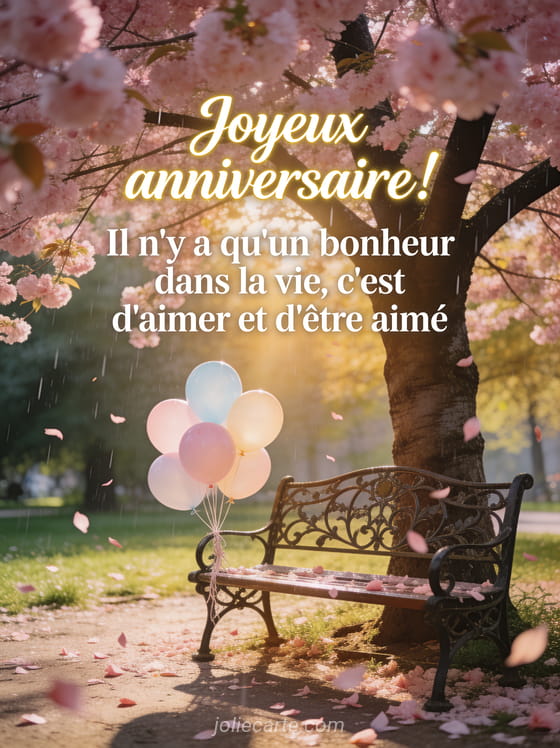 Magnifique arbre en fleurs roses dans un parc avec petales qui tombent, banc en fer forge et ballons pastel attaches