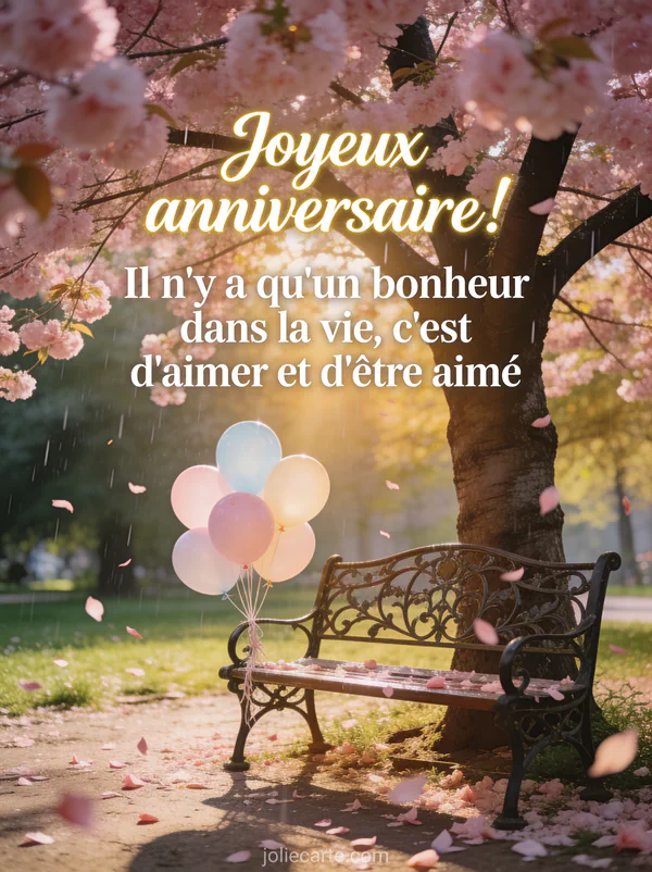 Magnifique arbre en fleurs roses dans un parc avec petales qui tombent, banc en fer forge et ballons pastel attaches