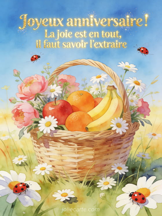 Panier en osier débordant de fruits colorés et de fleurs sauvages dans un pré ensoleillé avec marguerites et coccinelles, style aquarelle
