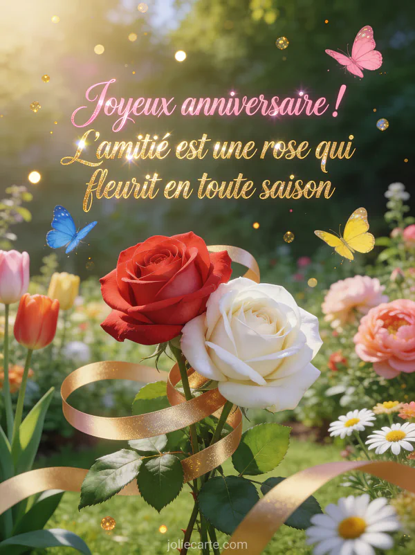 Deux roses entrelacees une rose et une blanche dans un jardin fleuri luxuriant avec papillons colores et rubans dores