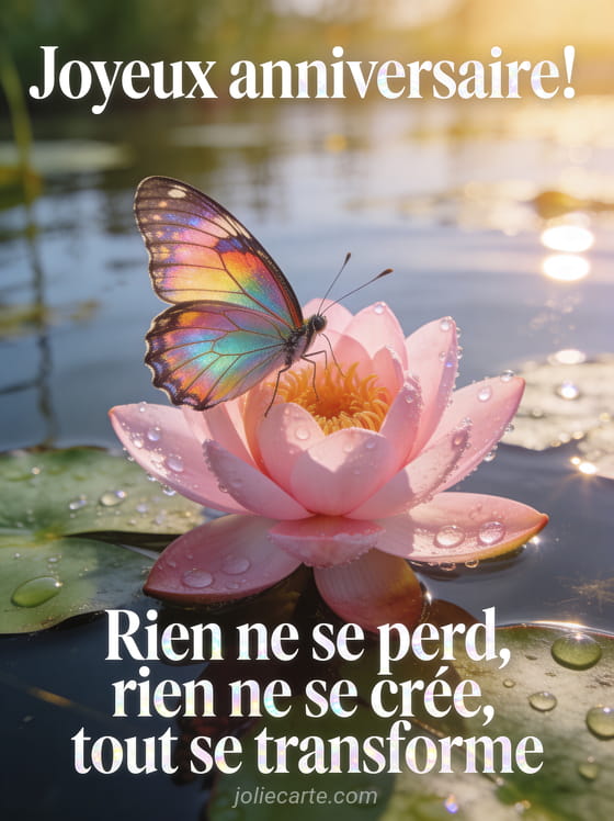 Papillon aux ailes multicolores posé sur une fleur de lotus rose sur un étang calme avec gouttes de rosée brillantes, lumière matinale