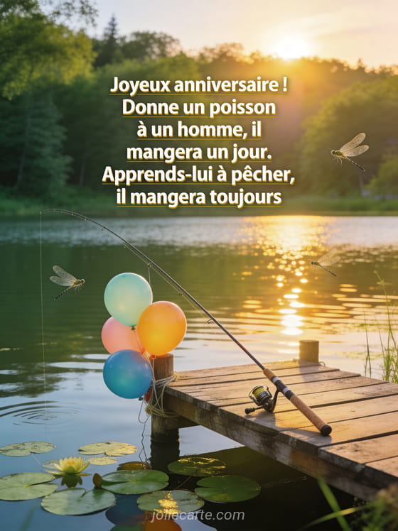 Lac calme au lever du soleil avec canne a peche posee sur un ponton en bois, nenuphars, libellules et ballons colores