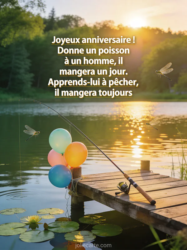 Lac calme au lever du soleil avec canne a peche posee sur un ponton en bois, nenuphars, libellules et ballons colores