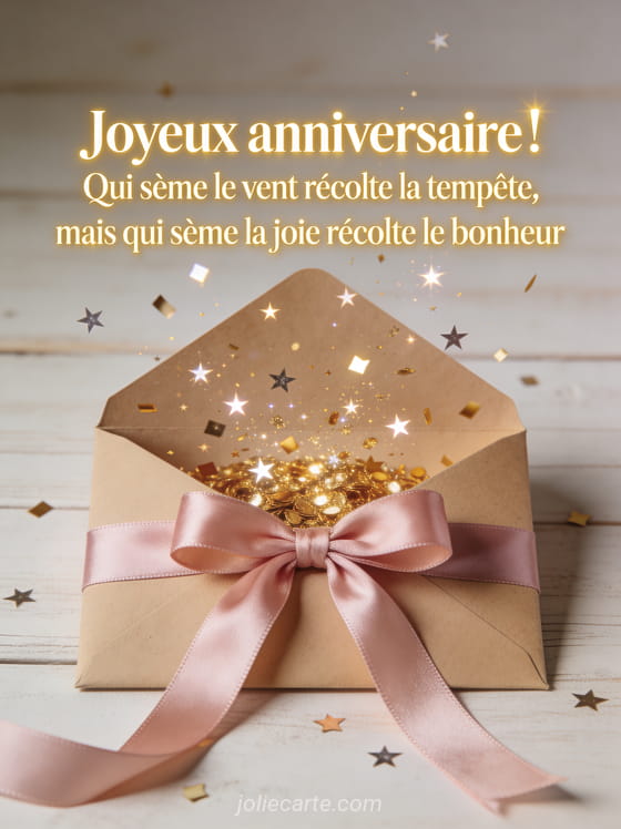 Enveloppe kraft ouverte d'où s'échappent des confettis dorés et des étoiles brillantes avec ruban satin rose sur fond bois clair