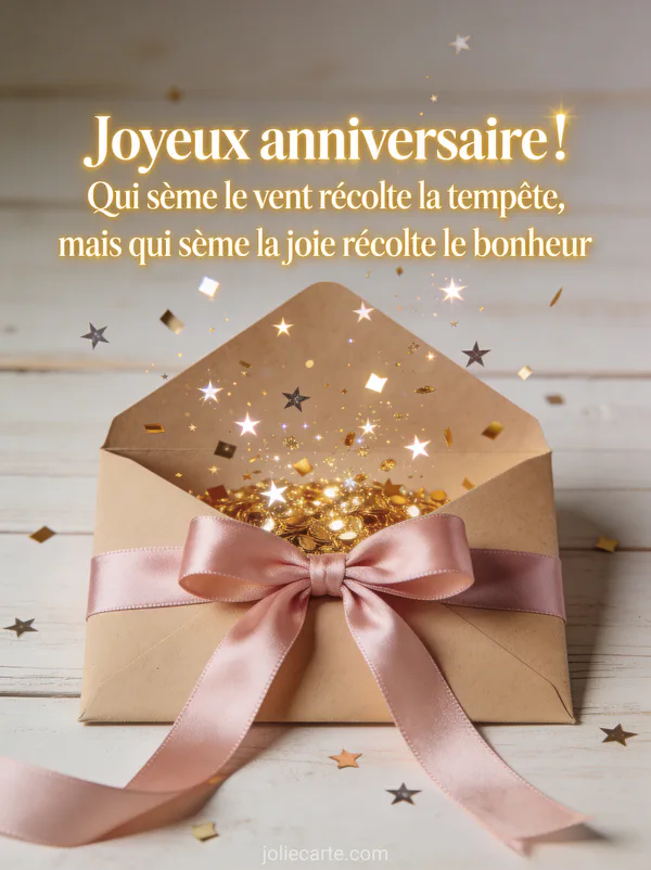 Enveloppe kraft ouverte d'où s'échappent des confettis dorés et des étoiles brillantes avec ruban satin rose sur fond bois clair