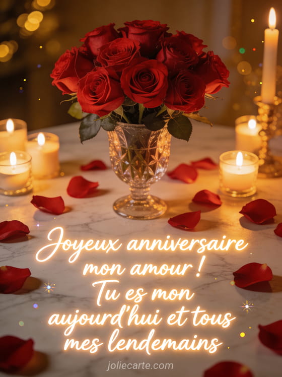 Magnifique bouquet de roses rouges dans un vase en cristal avec petales sur surface en marbre et lumiere doree de bougies