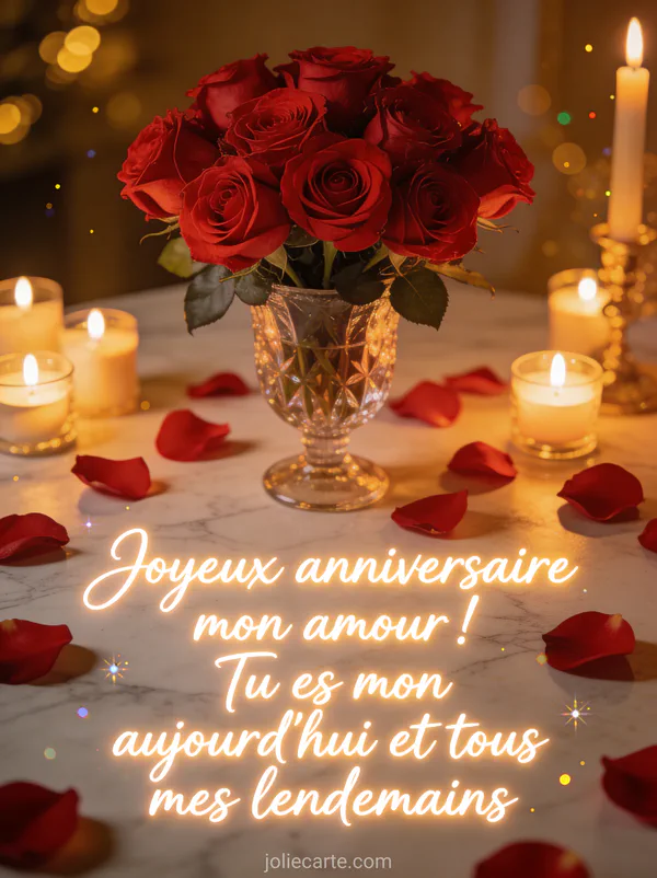 Magnifique bouquet de roses rouges dans un vase en cristal avec petales sur surface en marbre et lumiere doree de bougies