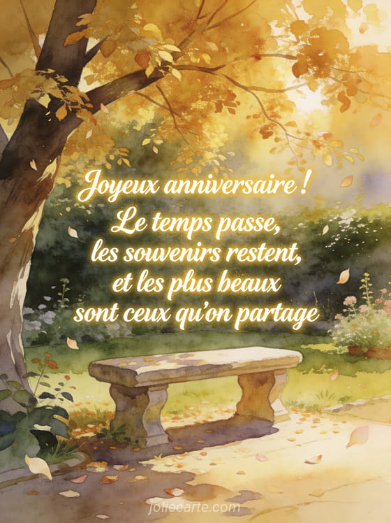 Jardin romantique avec un banc en pierre sous un grand arbre aux feuilles dorées, pétales tombant dans la lumière de golden hour, style aquarelle