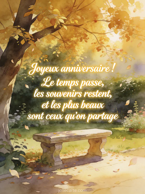 Jardin romantique avec un banc en pierre sous un grand arbre aux feuilles dorées, pétales tombant dans la lumière de golden hour, style aquarelle