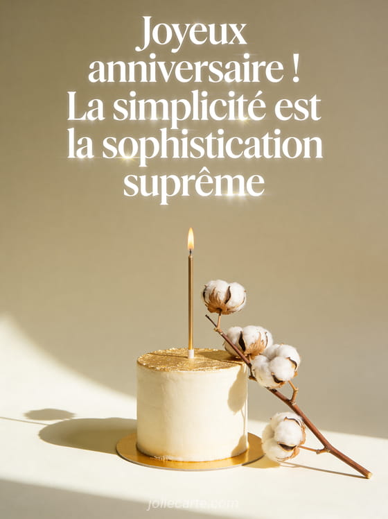 Unique bougie allumee sur un petit gateau raffine avec fond epure creme, touches dorees et branche de fleur de coton