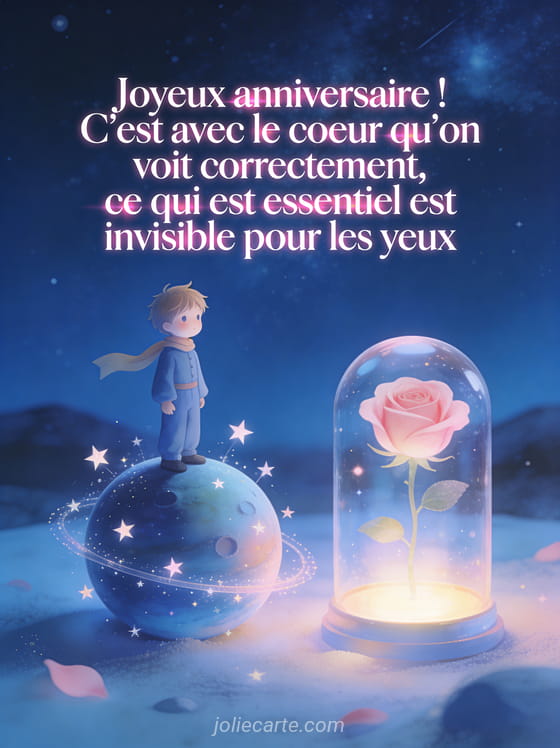 Petit prince debout sur une planète miniature entourée d'étoiles scintillantes avec une rose sous un globe de verre lumineux, ciel nocturne bleu profond