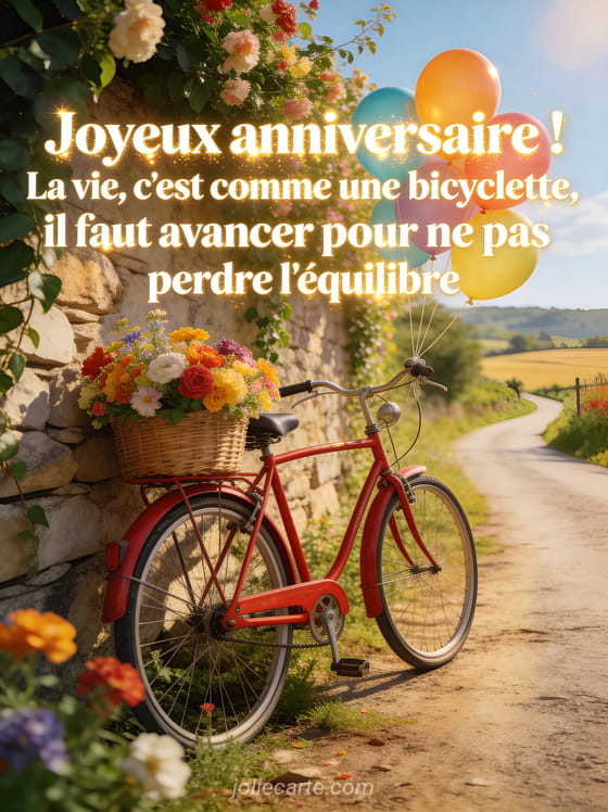 Velo vintage rouge pose contre un mur de pierre couvert de lierre fleuri avec panier de fleurs et ballons colores au guidon