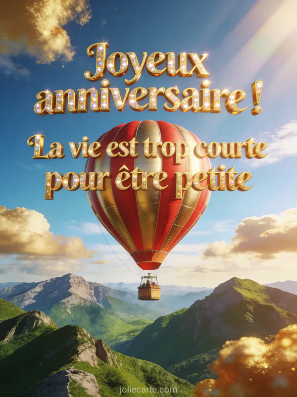 Montgolfière colorée rouge et or s'élevant dans un ciel lumineux au-dessus de montagnes verdoyantes avec nuages dorés et rayons de soleil