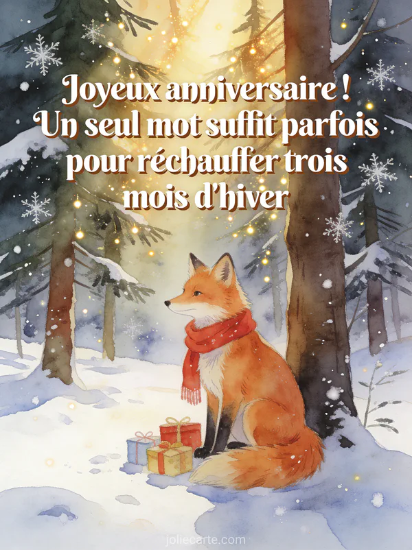 Renard roux assis dans une clairiere enneigee avec lumiere doree a travers les sapins, flocons scintillants et echarpe rouge